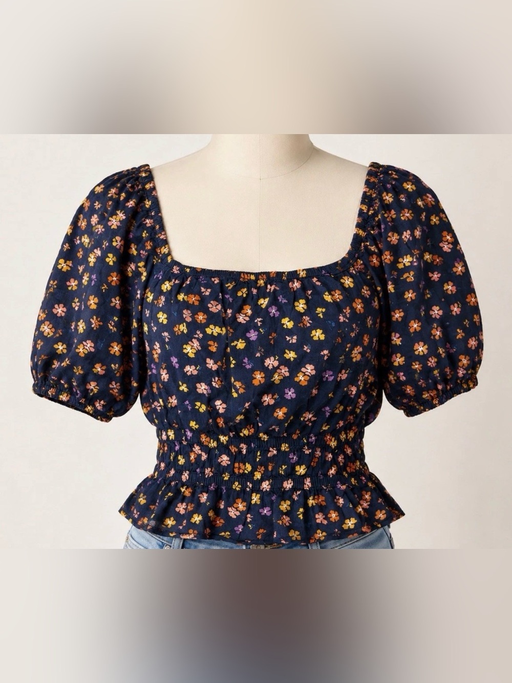 Madewell Floral Puff Sleeve Smocked Peplum Boho Cottagecore Top XL